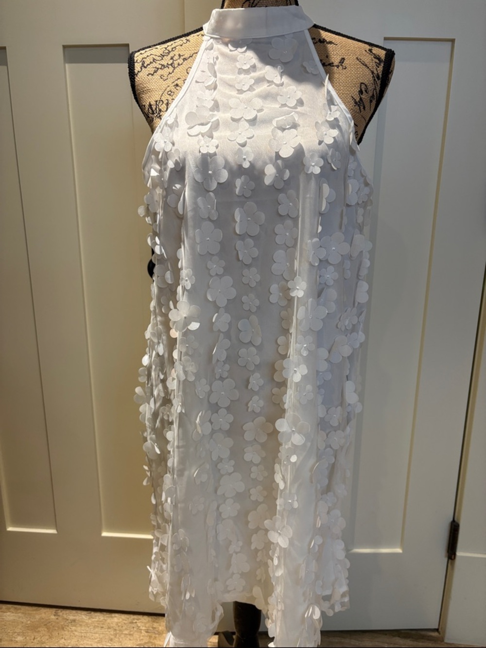 White Floral Appliqué Halter Dress